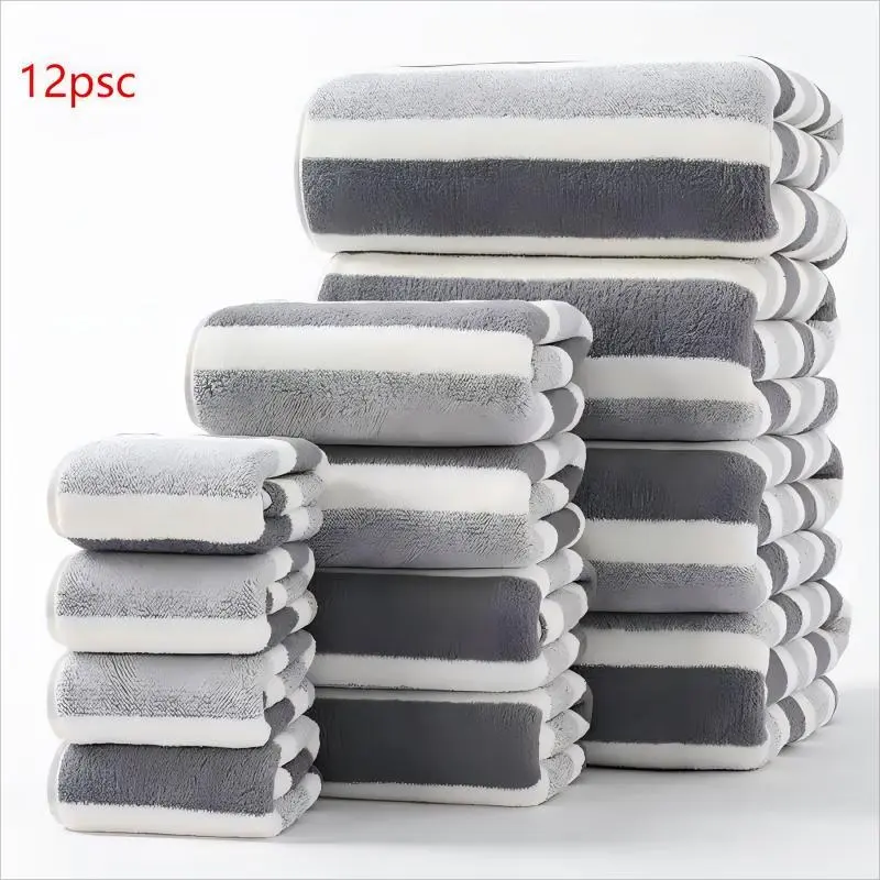 Striped Pattern Towel Set, Bathroom Towel Set, Premium Towel Set, 1 Set Including 4 Counts Bath Towel & 4 Counts Hand Towel & 4 Counts Face Towel, Quick Drying Water Absorbent Towel for Home, Hotel & Spa, Absorbent Thickened Towels