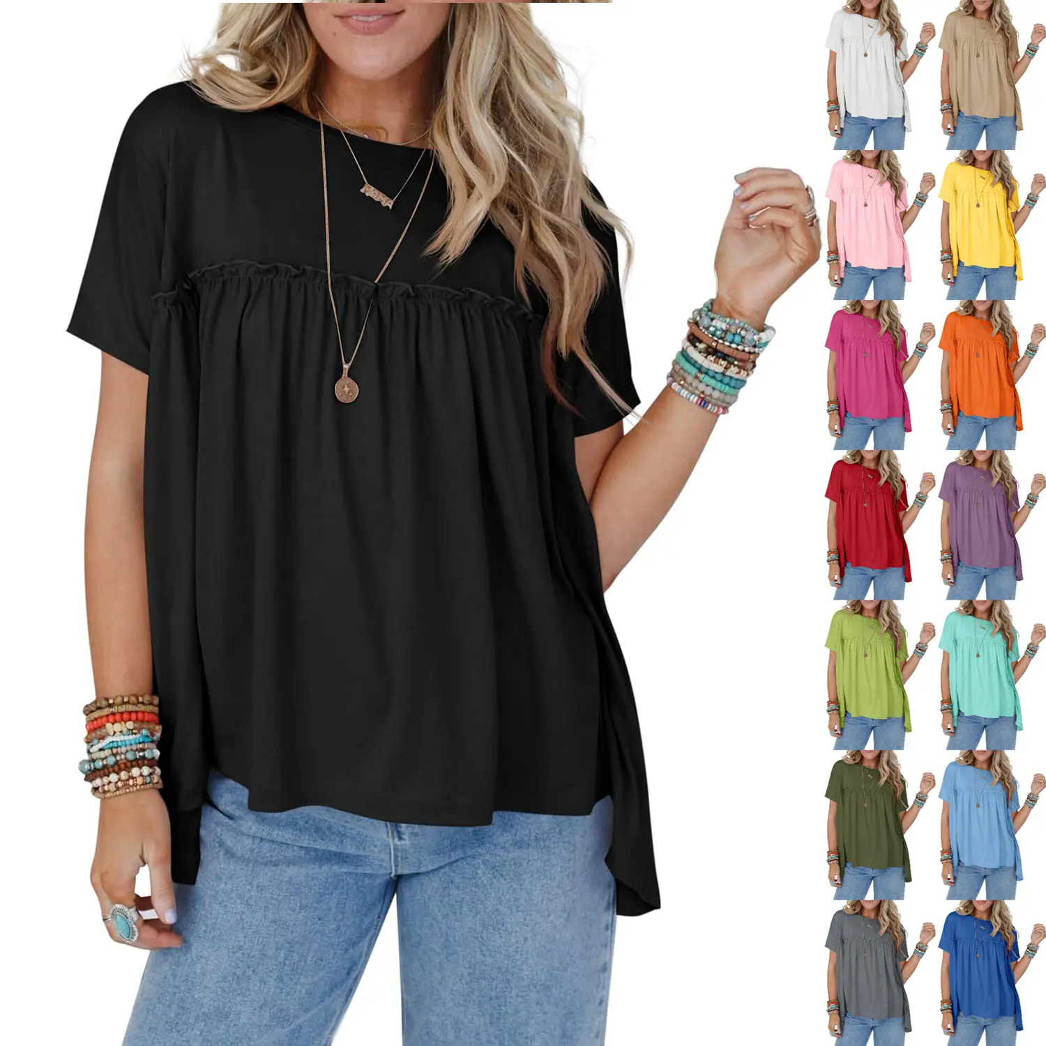 Danedvi Women's Chic Basic Round Neck Short-Sleeve Babydoll Blouse - Pleated Peplum Ruffled, Casual Loose-Fit Breathable Summer Top (Pair with Sweatpants)