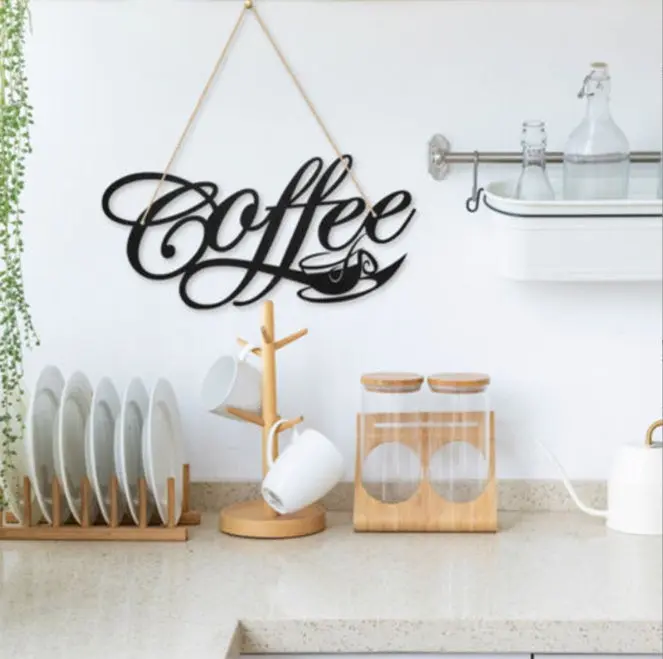 Metal Wire Letter Sign Wall Hanging, Industrial Farmhouse Minimalist Iron Coffee Cup Decoration for Coffee Bar, Nail-Mounted Home Decor Gift