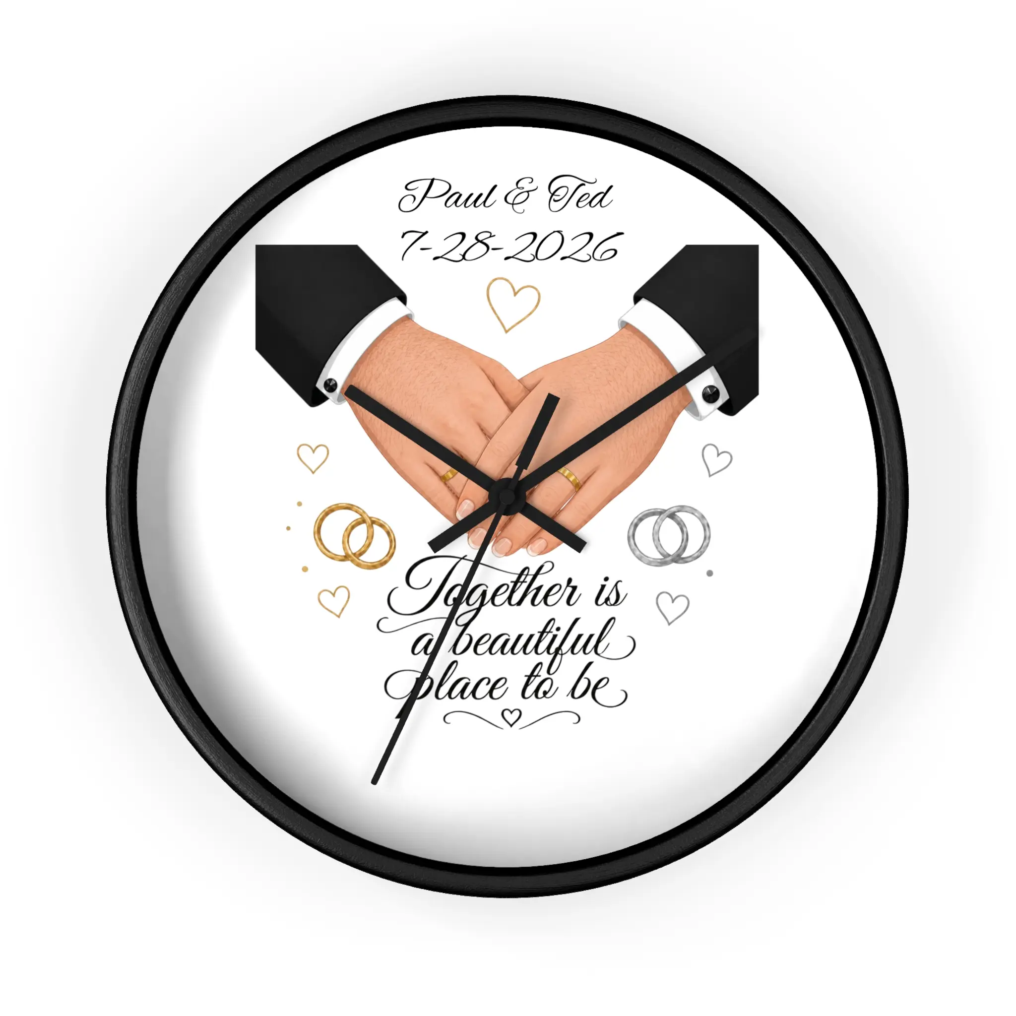 Handfasted Grooms Holding Hands Wall Clock | Wedding Rings, Personalized Date