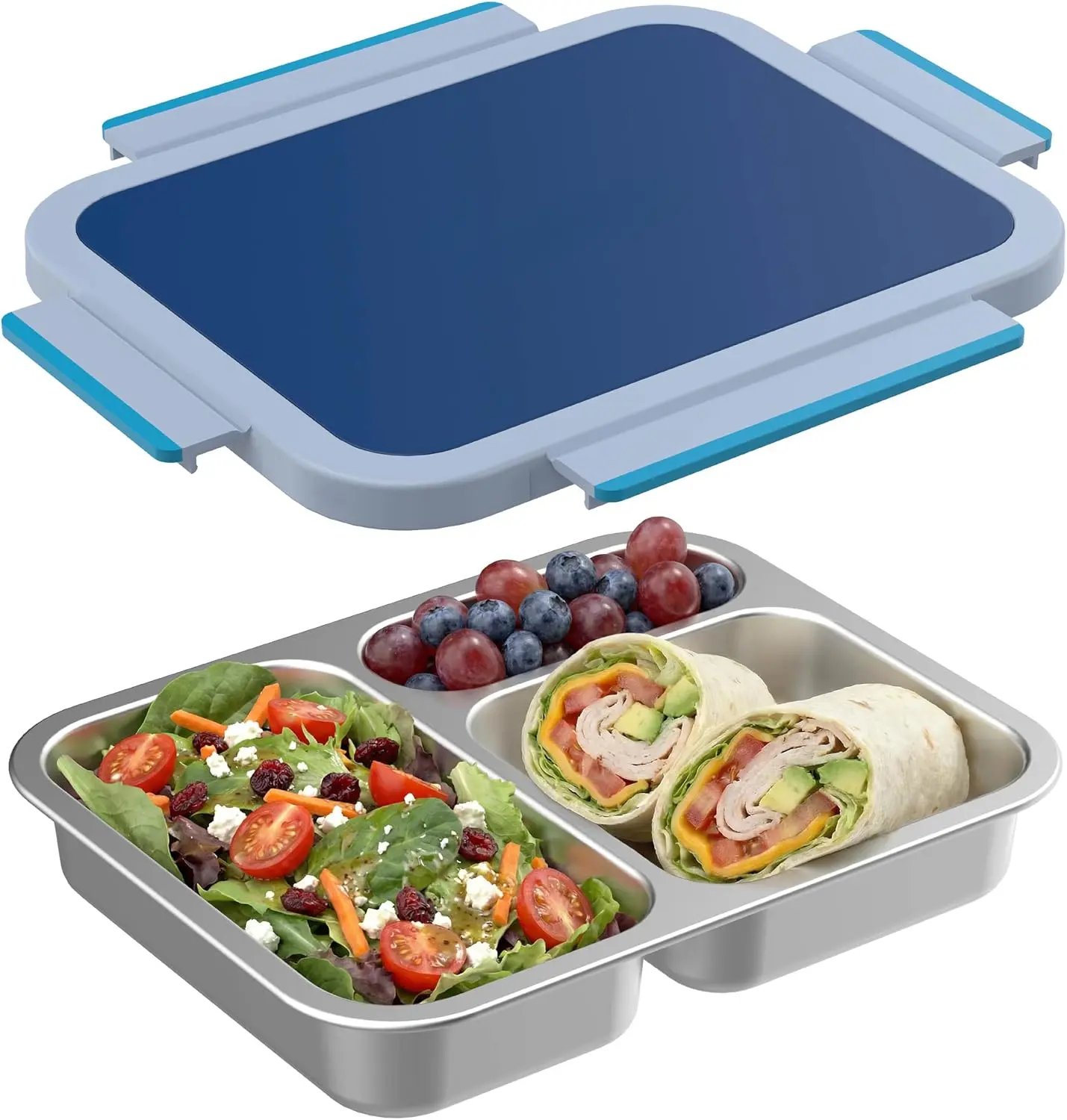 Stainless Steel Lunch Box, Leak-Proof, 3 Compartments, 4.3 Cups |   18/8 Stainless Steel Tray, Easy-Open Clips, PFAS & BPA-Free, Top-Rack Dishwasher Safe, Ages 3+ (Navy)