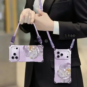 Peony flower design phone case for Apple iPhone 17, also fits iPhone Air, 16 Pro, 15, and 14; soft silicone with lanyard.