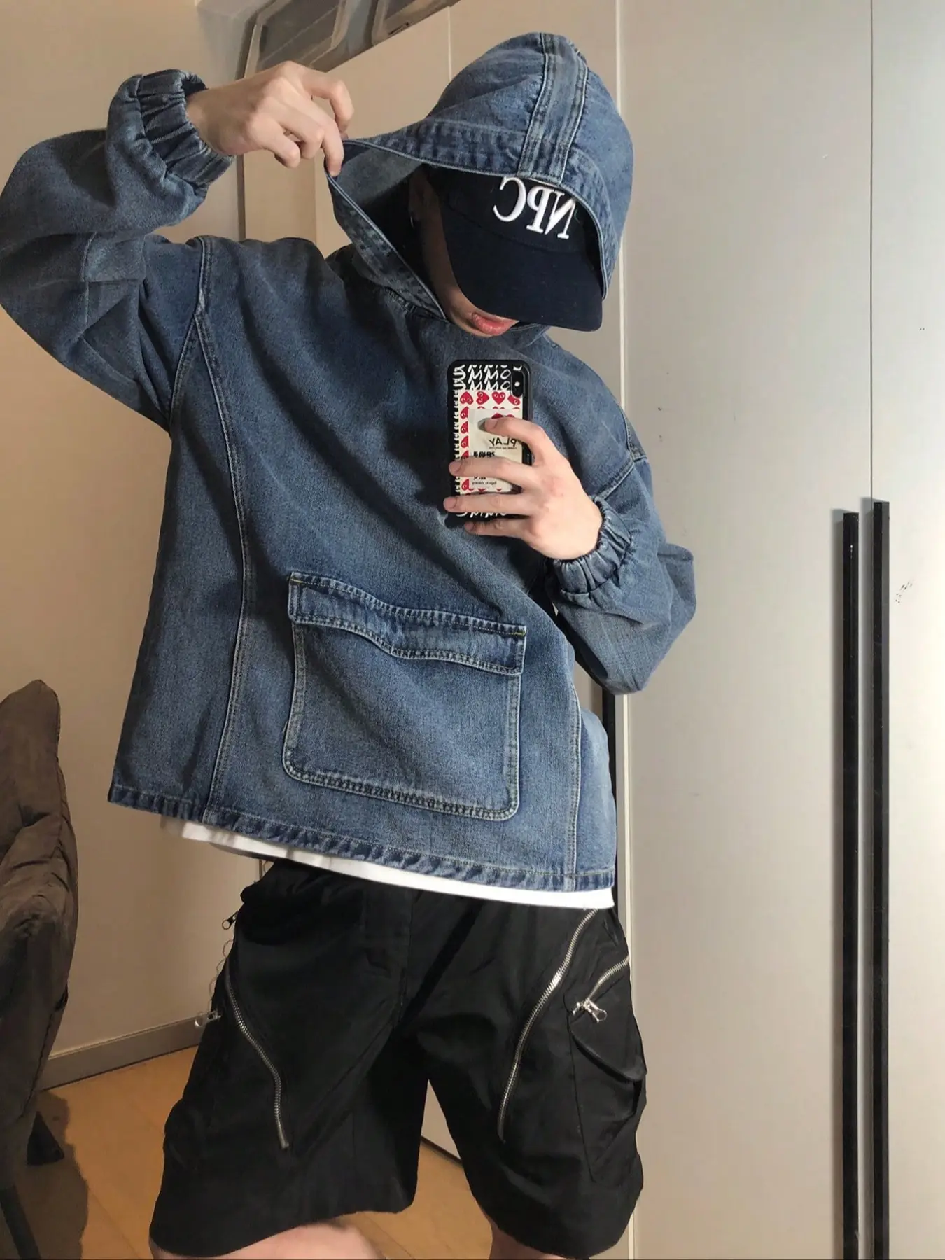 Men's Casual Pocket Design Plain Fashion Trendy Street Denim Long Sleeve Sweatshirt, Tops, Baggy Pullover, Stylish Jeans Hoodie for Everyday Wear, Comfortable and Trendy