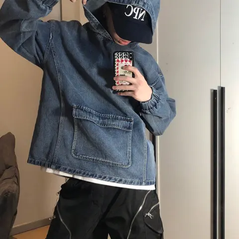 Men's Casual Pocket Design Plain Fashion Trendy Street Denim Long Sleeve Sweatshirt, Tops, Baggy Pullover, Stylish Jeans Hoodie for Everyday Wear, Comfortable and Trendy