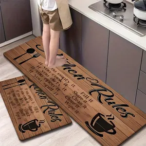 Flannel Kitchen Mat Set, Faux Wood Grain Design, Vintage Country Style, Farmhouse Kitchen Rug, Non-Slip Bottom, Absorbent, Ideal for Kitchen, Bathroom, Laundry Room