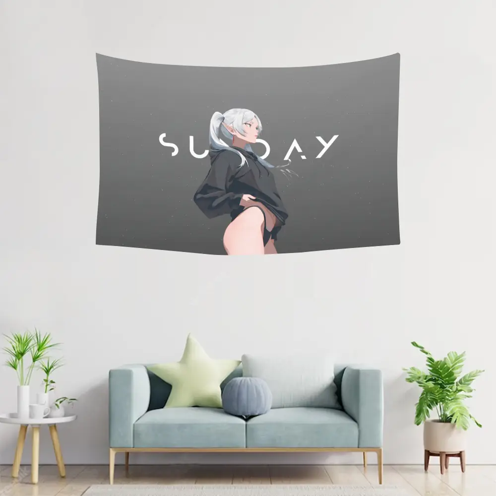 Anime Elf Girl Tapestry, Gray Aesthetic Sunday Theme Wall Hanging, Cool Grunge Style Wall Art, Modern Anime Character Room Decor for Bedroom Dorm Living Room, Soccer Game Night Party Background Cloth, Edgy Hoodie Elf Figure Art Tapestry