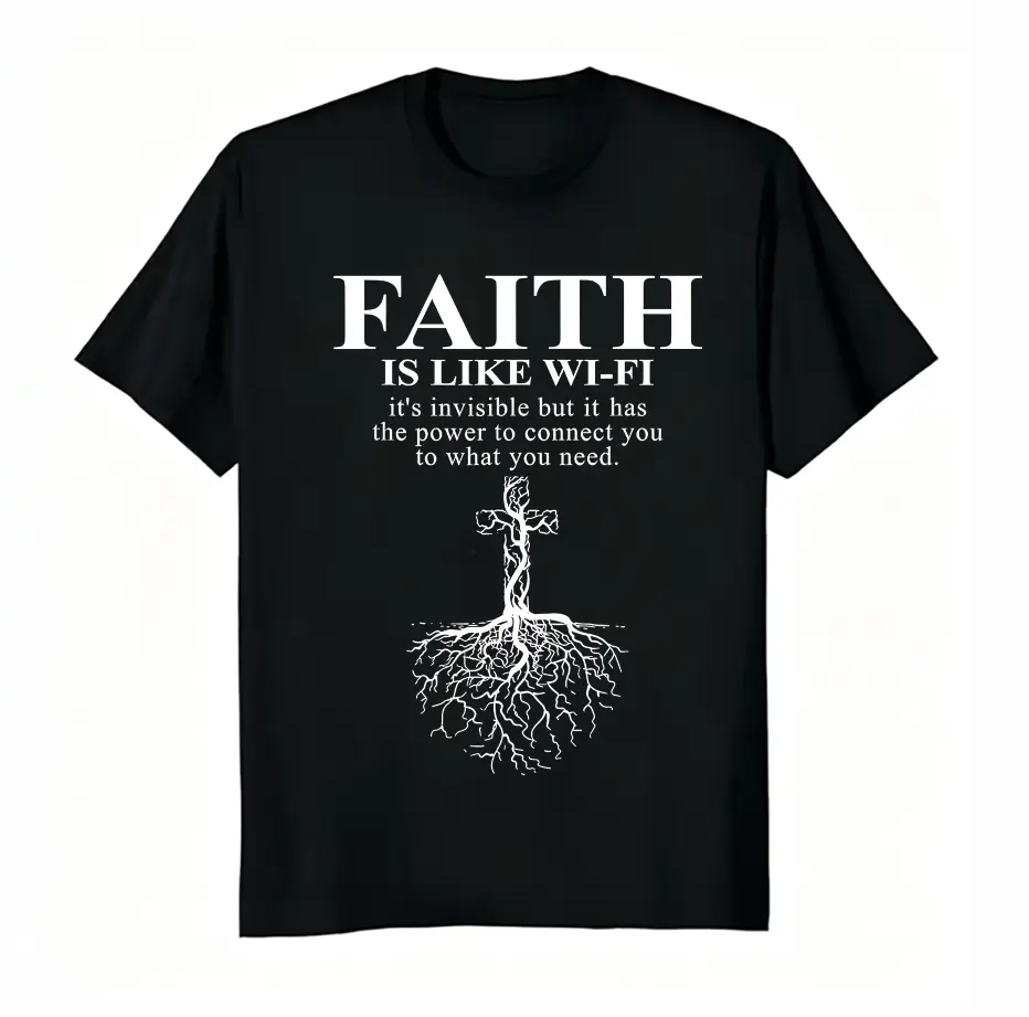 Unisex 100% Cotton Faith Is Like WiFi Christian Cross Root Graphic T-Shirt, Inspirational Religious Quote Short Sleeve Tee For Men Women Faith Gift