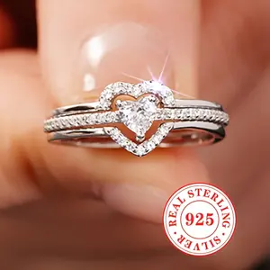 A Set Of 2pcs Layered Double Heart Rings With 3.7g Of S925 Sterling Silver, Inlaid With Shiny Zirconia, Suitable For Women's Wedding Engagement Banquet, High-end Jewelry For Mother's Day, Valentine's Day Gift (without Box)