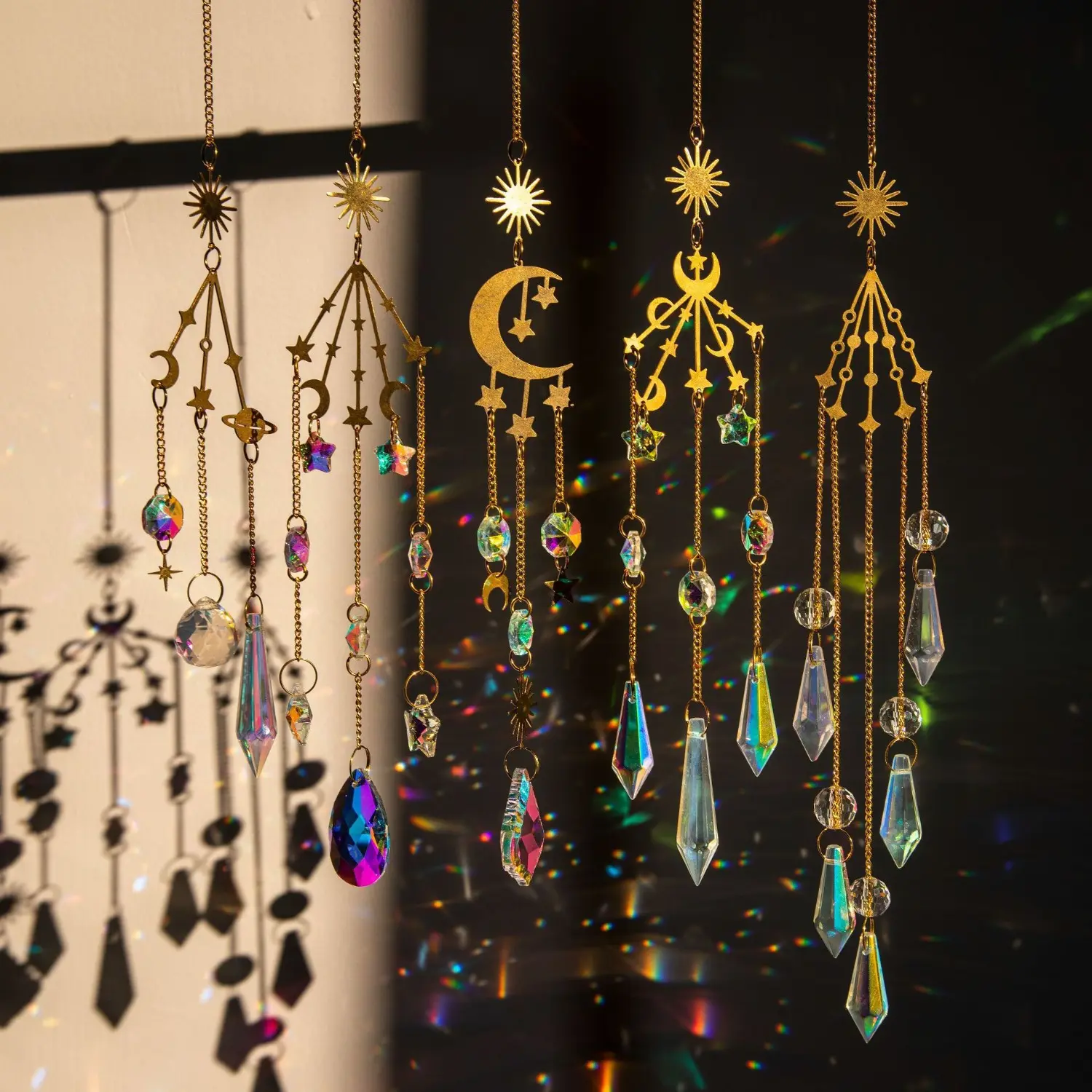 Celestial Moon and Star Crystal Suncatcher, Bohemian Wind Chime, Hangable Rainbow Maker for Artistic Window Home Decor, Artistic Home Decor, Bohemian Window Decor