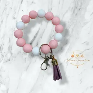 Autumn Dreamloom Co. Pastel Pink & White Silicone Bead Wristlet Keychain with Purple Tassel | Handmade Keychain Bracelet for Teens & Moms