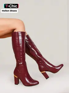 Spring Women's Fashion Chunky Heel Pointed Toe Knee Boots, Metal Decoration, Leg Slimming, Versatile for Office, Date, Party, Fall & Winter, Business Fashion Boots