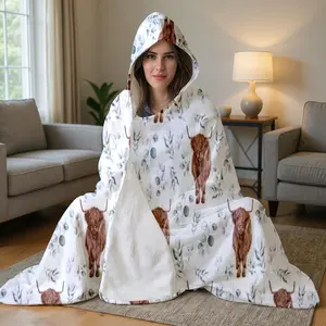 1pc Highland Cow Eucalyptus Pattern Hooded Blanket, Super Soft Flannel Wearable Poncho for Adults, Cozy Giant Cloak for Lounging, Gaming, Watching TV, Reading, Camping, Lightweight Cozy Blanket