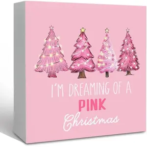 Pink Christmas Wooden Box Sign Desk Decor, Girly Cute Christmas Signs Decoration for Bathroom Girls Room, I'm Dreaming of a Pink Christams Shelf Desk Decor 5x5 Inch Indoor Home Decoration