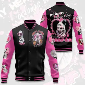 Cute Dark Clown Varsity Jacket, Pink Horror Bomber Creepy Sweet Style, Alternative Streetwear Layer, Unique Fashionista Gift