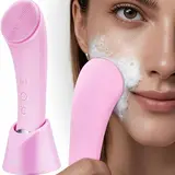 Facial Cleansing Brush, PRITECH Heatable Vibrating Face Scrubber with Massage, Silicone Face Scrubber for Women & Men, Electric Facial Cleanser for Deep Cleansing, Gentle Exfoliating (Pink)