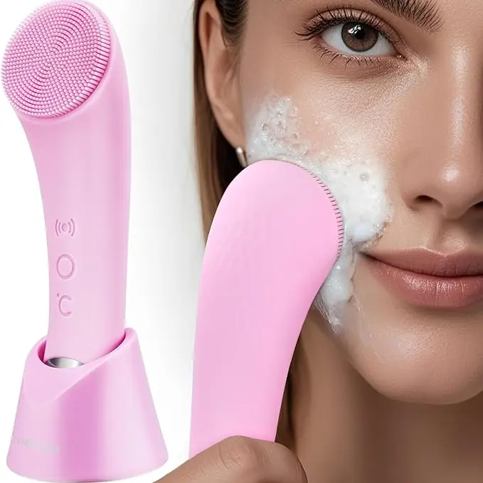 Facial Cleansing Brush, PRITECH Heatable Vibrating Face Scrubber with Massage, Silicone Face Scrubber for Women & Men, Electric Facial Cleanser for Deep Cleansing, Gentle Exfoliating (Pink)