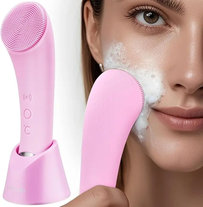 Facial Cleansing Brush, PRITECH Heatable Vibrating Face Scrubber with Massage, Silicone Face Scrubber for Women & Men, Electric Facial Cleanser for De