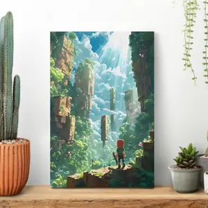 2D flat high-definition canvas wall art—accurate colors, moisture-resistant and wear-resistant, easy installation; pixel-style forest ruins exploration scene art poster; healing adventure game-style canvas wall art; room decor for gaming enthusiasts, espo