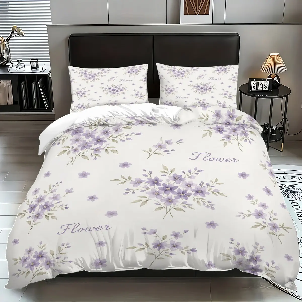 Pastel Purple Floral Pattern Bedding Set 3Pcs (1 Duvet Cover + 2 Pillowcases), Soft Microfiber French Style Bed Set for Aesthetic Cozy Bedroom Decor, Aesthetic Appeal, Floral Bedding Sets
