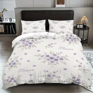 Pastel Purple Floral Pattern Bedding Set 3Pcs (1 Duvet Cover + 2 Pillowcases), Soft Microfiber French Style Bed Set for Aesthetic Cozy Bedroom Decor, Aesthetic Appeal