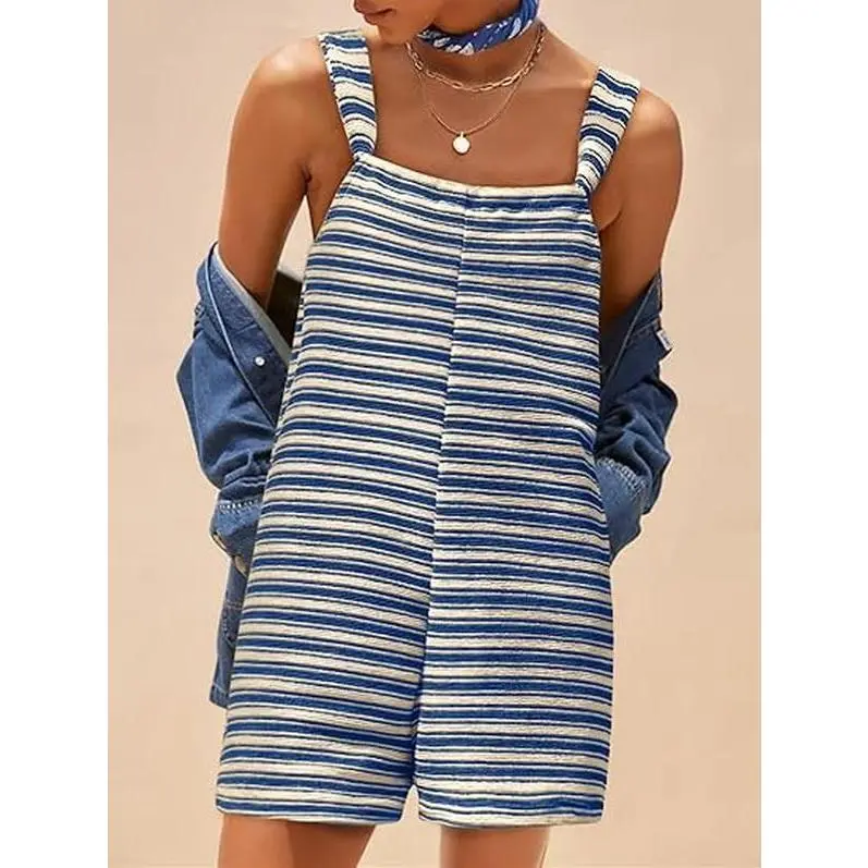 Women's Loose Fit Rompers, Casual Striped Sleeveless Jumpsuit with Pockets and Drawstring Waist, Summer Resort Wear, Rompers For Women, Pajamas, Scoop Neck, Wide Legs, Horizontal Stripe