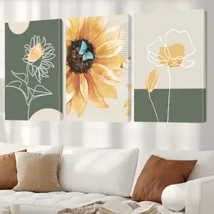 3-piece minimalist green and gold sunflower canvas wall art - beige, white, brown, green abstract floral print, with wrapped canvas frame, modern home decor, suitable for living room, bedroom, bathroom - beige and gold plant painting set, soft pastel tone