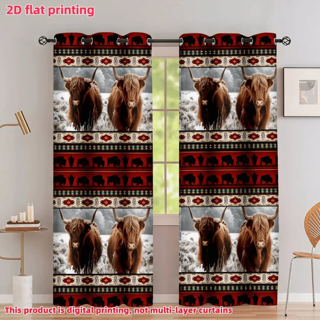 2D Flat 2Pcs Highland Cow Animal Print Window Curtains, Boho Aztec Ethnic Buffalo Pattern Drapes for Living Room, Bedroom, Dining Decor, Farmhouse Style, Rod Pocket Design, Semi-Sheer Anti-Privacy Accessory .