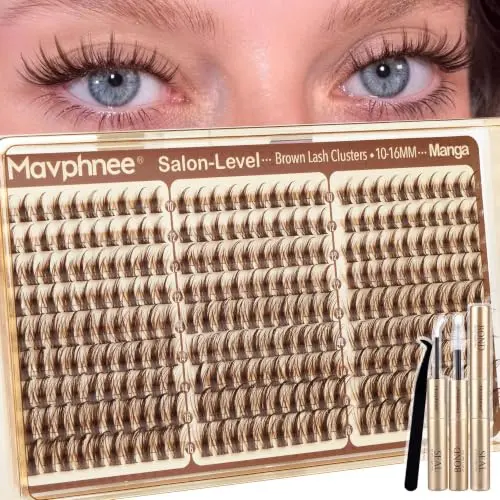 Brown Manga Lash Clusters Kit Natural Wispy Eyelash Extensions with Lash Bond and Seal Clear and Tweezers (CC Cuve, 10-16MM)