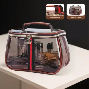 New Retro Vintage Vanity Bag, Clear Makeup Organizer with Handle, Waterproof Transparent Toiletry Bag, Large Capacity Cosmetic Makeup Bag for Women, Travel Skincare Storage Case (Coffee)