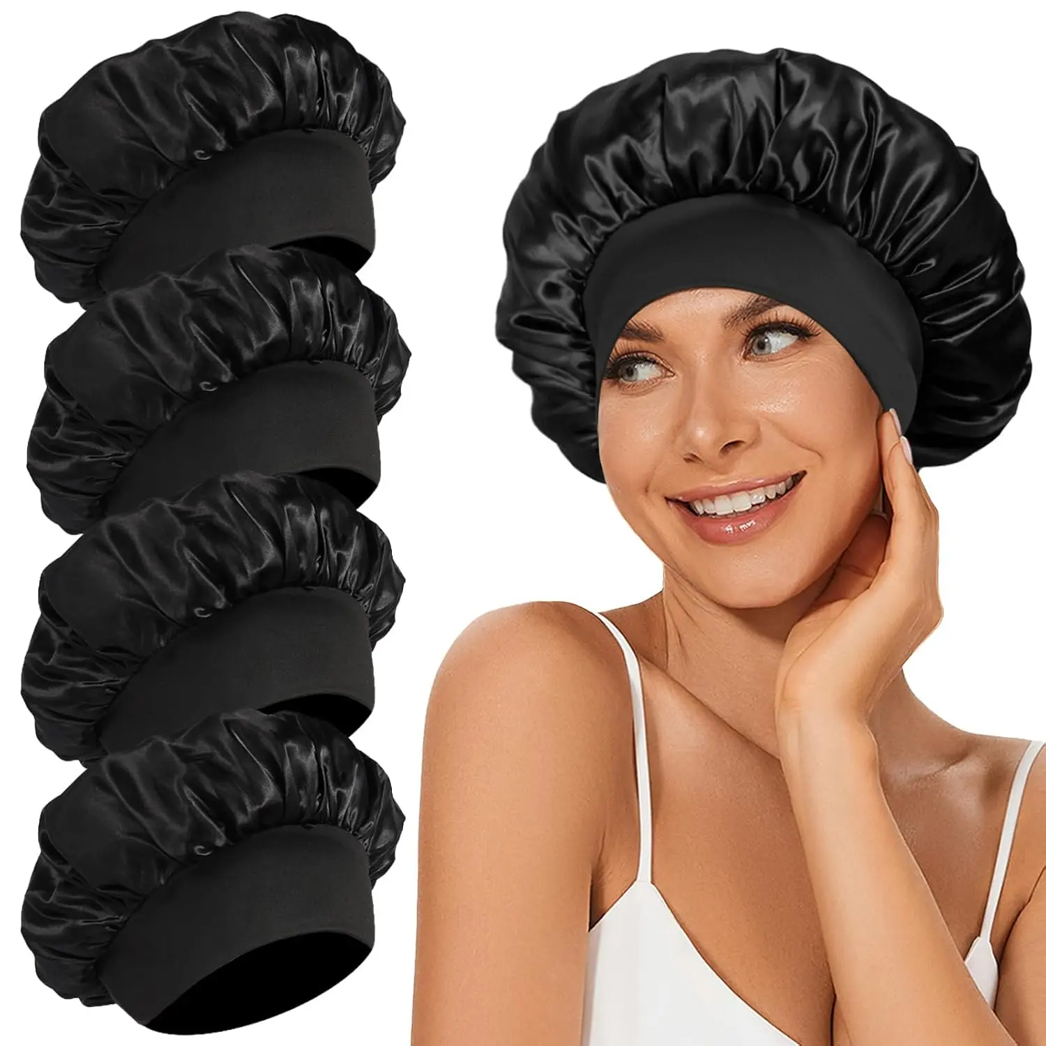 4Pcs Satin Bonnet Silk Bonnet, Hair Bonnet for Sleeping, Elastic Wide Band Silk Sleep Cap, Soft and Breathable