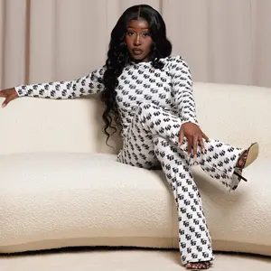 Lover Girl Flare Pant - Stylish Black and White Patterned Wide Leg Trousers for Women 4-Way Stretch Fold Over Waistband Monogram Logo