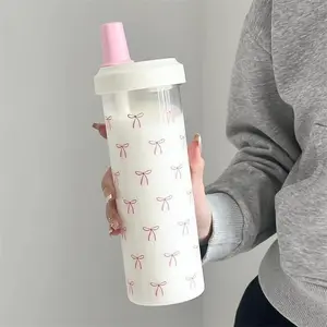 Cute Bow Pattern Straw Clear Water Bottle, 1 Count Portable Large Capacity Drinking Cup with Lid, Drinking Bottle for Home Office School Outdoor, Drinkware