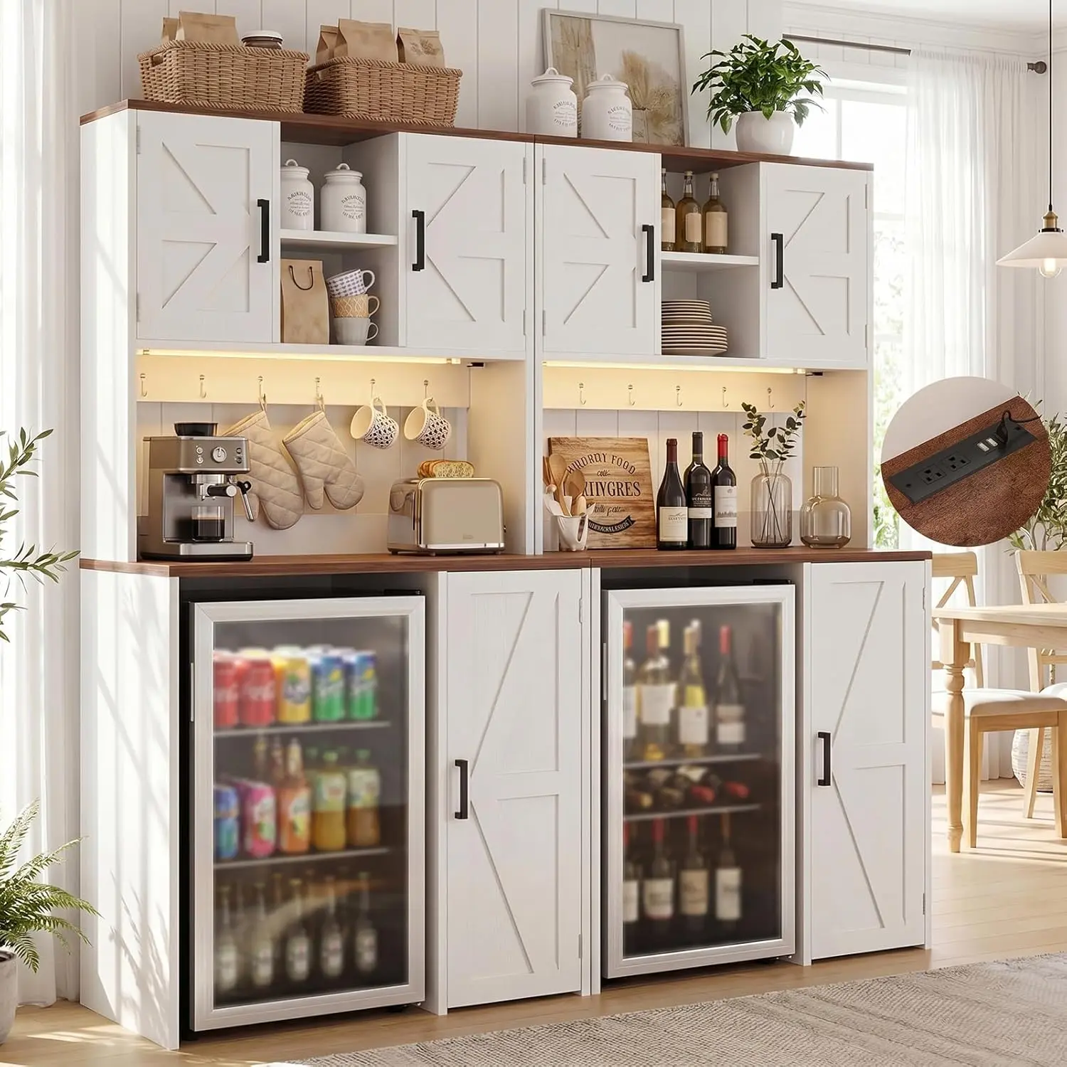 Unikito Mini Fridge Cabinet with Storage, Large Coffee Bar Cabinet with Outlet & Led Light, Liquor Wine Bar Stand with Mini Fridge Space & Microwave Shelf, Beverage Station for Kitchen Office,dorm essentials,home decor