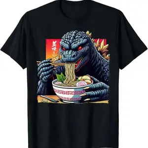 Funny Kaiju Eating Ramen Japanese Monster Lover Gift Graphic T Shirt Men Women Cotton Moisture Wicking Short Sleeve Casual Streetwear Tee Undershirts Classic Plain Crew Neck