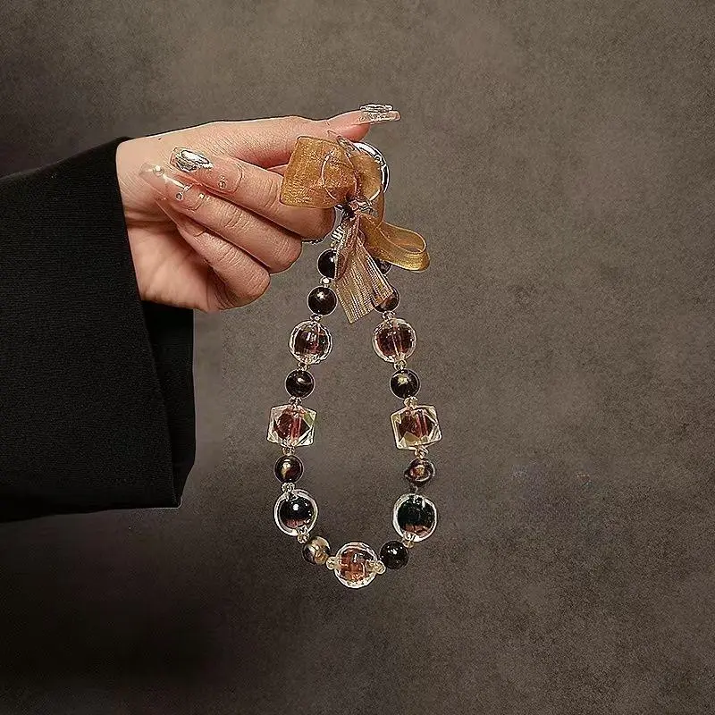 Light Luxury INS Retro Amber Handcrafted Pendant For Mobile Phone Chain, CCD Camera Lanyard Beaded Bow Pendant