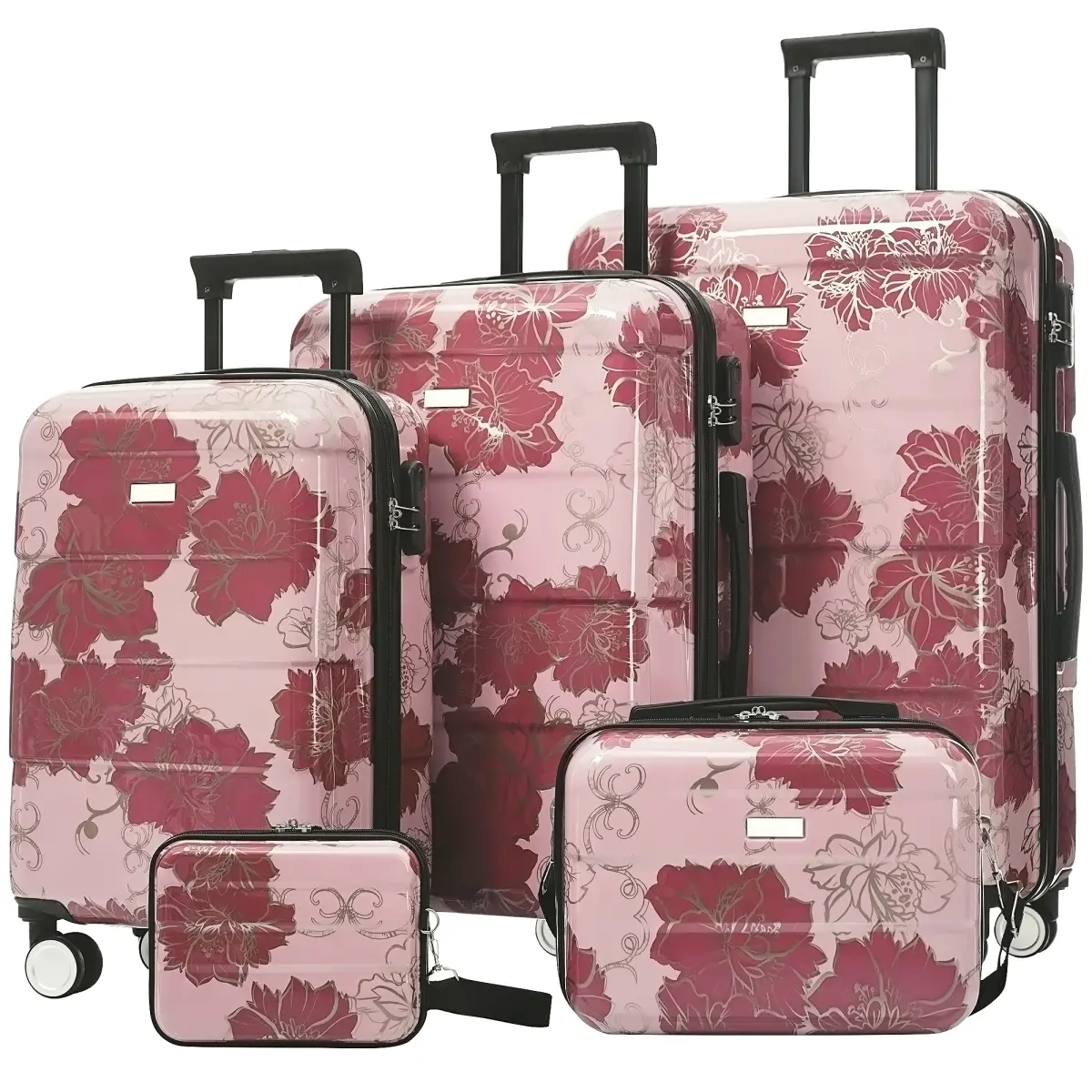 5-Piece Luggage Set, Hardside Lightweight Durable Suitcase with Comstic Case and Handbag Spinner Wheels Suitcase with Lock (8" 14" 20" 24" 28"), Travel Luggage Set for Women Men Family Trips, Purple Pink Flower