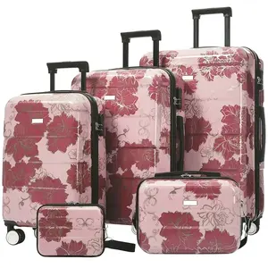 5-Piece Luggage Set, Hardside Lightweight Durable Suitcase with Comstic Case and Handbag Spinner Wheels Suitcase with Lock (8" 14" 20" 24" 28"), Travel Luggage Set for Women Men Family Trips, Purple Pink Flower