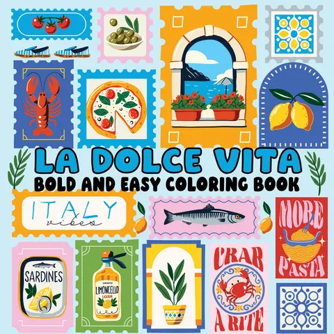 La Dolce Vita Bold-Easy English Coloring Book (Paperback) - Creative, Relaxing Travel-Themed, Mediterranean Illustrations, Scooter & Lemon Art, Flowers, Big-Space Designs, No Tiny Details, Crayons-Compatible, for Beginners, Thoughtful Gift