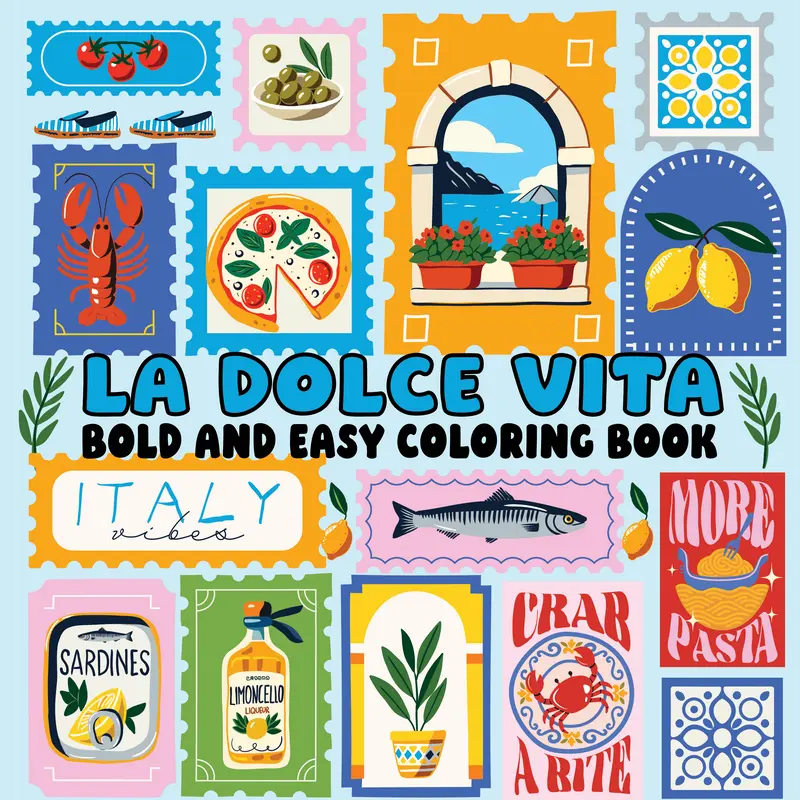 La Dolce Vita Bold-Easy English Coloring Book (Paperback) - Creative, Relaxing Travel-Themed, Mediterranean Illustrations, Scooter & Lemon Art, Flowers, Big-Space Designs, No Tiny Details, Crayons-Compatible, for Beginners, Thoughtful Gift