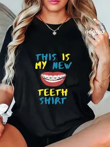 100% Cotton Unisex Funny This Is My New Teeth Shirt T-Shirt Braces Orthodontic T-Shirt Casual Top