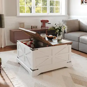 oneinmil 31" Lift Top Coffee Table with Storage Large Hidden Compartment White Square Farmhouse Coffee Table with Outlets USB Ports for Living Room