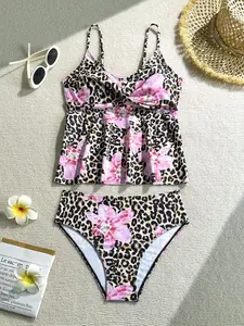 Tomattis Teen Girls' Floral & Leopard Print Twist Ruffle Tankini Swimsuit Set, Bathing Suits For Teens Sets Summer Holiday
