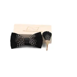Quisqueya Black Polka Goose Feather Bow Ties lapel Pin Set