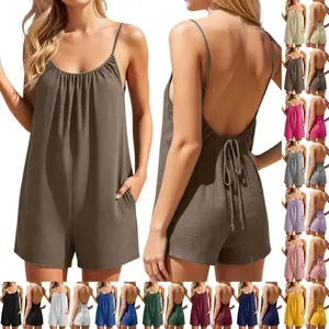 Women's Summer Boho Romper Casual Sleeveless Spaghetti Strap Backless Short Jumpsuit with Pockets Solid Color Open Back Tie Loose Flowy Playsuit Comfortable One Piece Outfit Beach Vacation Resort Holiday Loungewear Cute Sexy Party Clubwear for Ladies