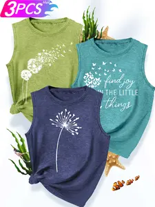 3Pcs Women's Crew Neck Tank Tops, Dandelion Butterfly Slogan/Single Dandelion/Dandelion Bird Print, Multiple Colors Available, Machine Washable, Spring & Summer Tops, Soft Skin-Friendly Fabric, Daily Versatile, Fashion Design, Womenswear