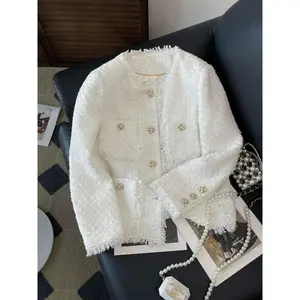 Women’s plaid print fringe trim cropped tweed jacket, elegant fashion casual open-front outerwear for daily outdoor wear, ladies’ clothes for spring and fall, coats