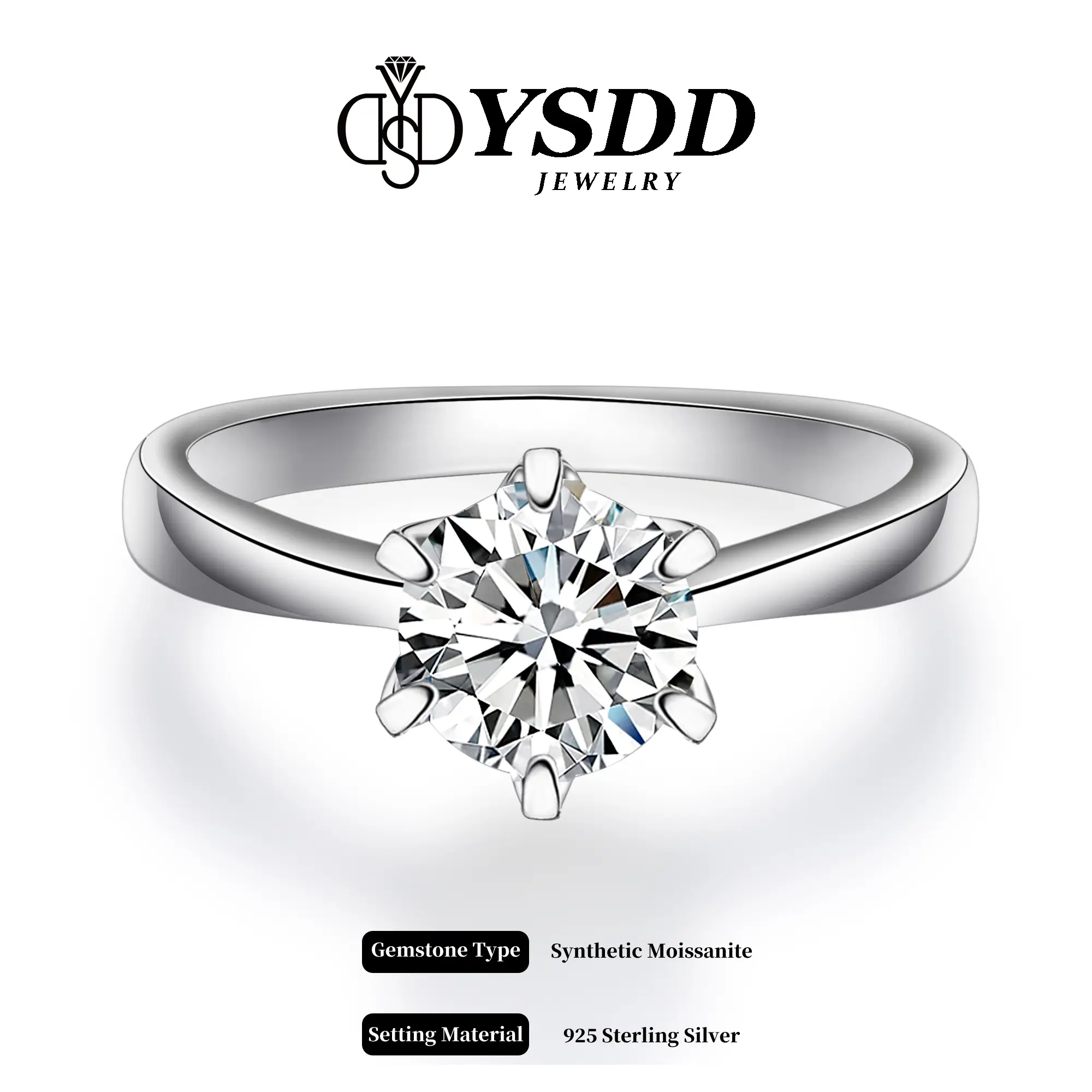 【#48 Classic】Tapered-band Six-prong Synthetic Moissanite Ring in 925 Sterling Silver 0.5-3Carat