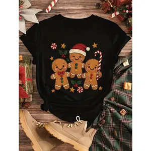 Men's Printed Red Christmas Gingerbread Women's T-Shirt - Slim Fit Short Sleeve Round Neck Casual Top, Printed with Gingerbread Cookies and Icing Dots, Elastic Holiday Party Outfit (Gingerbread and Design)