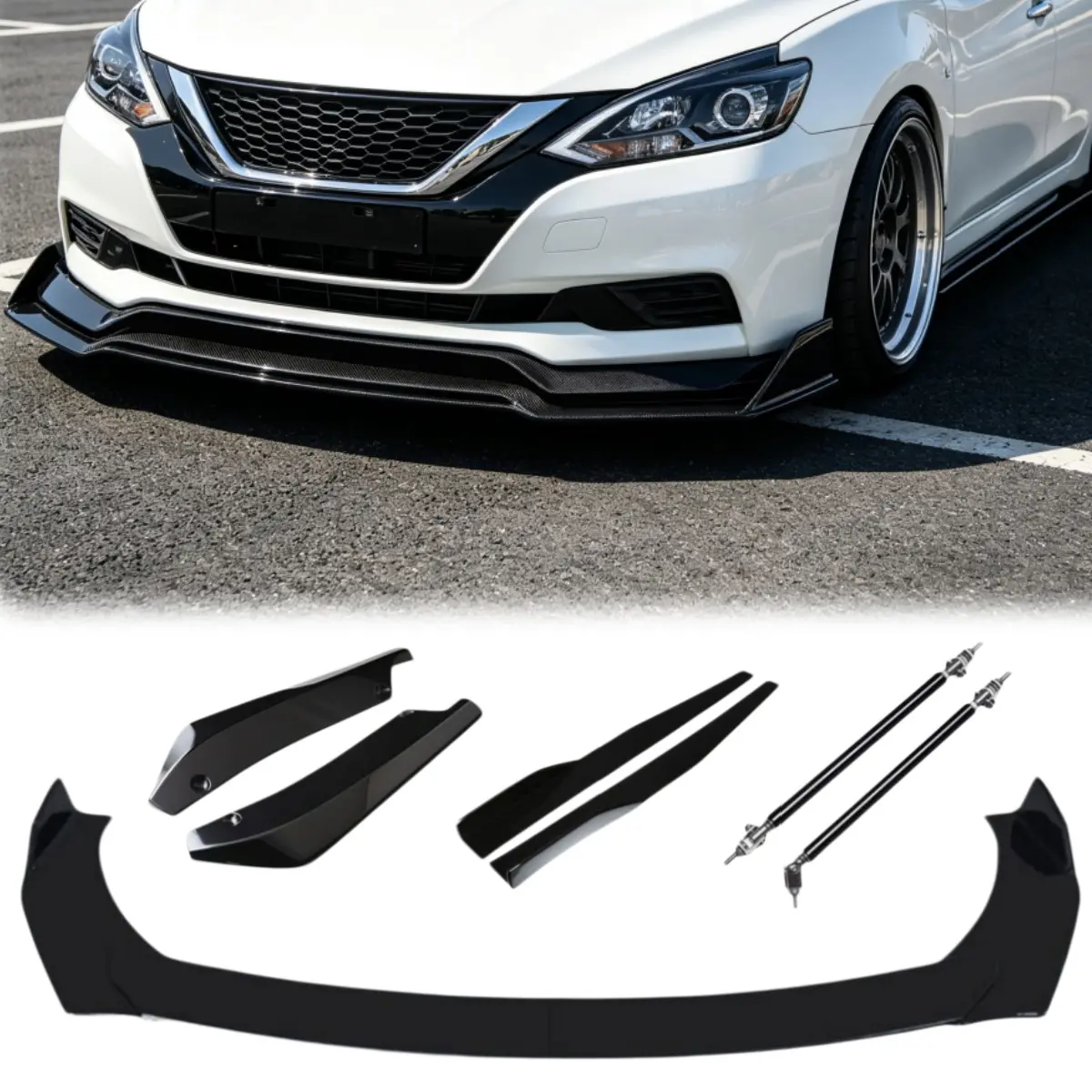 For Nissan Sylphy, Teana, Maxima, Qashqai 9PCS / 7PCS Glossy Front Bumper Lip Splitter Kit, Adjustable 4-Section Front Chin Spoiler, Side Skirt & Rear Bumper Lip Protection Spoiler, Cars, Auto Accessories