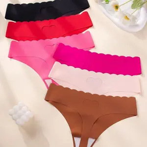 6 Pack Seamless Heart Cutout Women’s Thong Underwear, Soft Breathable Fabric For Daily Wear & Loungewear